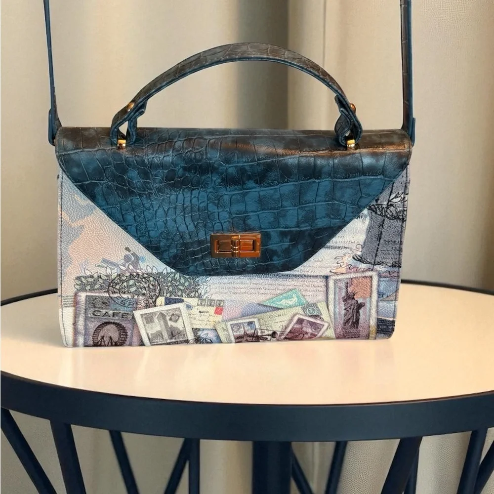 Gude Womens Handbag Crossbody Removable Strap NY, Paris Theme Blue Croc Pattern